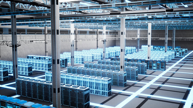 Data center equipment with blue VFX overlay over modular blade servers storage. Supercomputers in high tech server farm tasked with solving complex operations, digital twin scanning concept