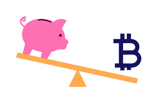 Piggy bank and Bitcoin symbol on balance scale illustration representing comparison between traditional savings and cryptocurrency investment, financial balance, risk management, modern finance PNG