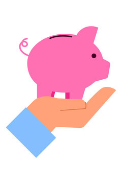 Hand holding piggy bank illustration representing financial protection, savings security, wealth management, personal finance planning. Money saving and investment safety concept high-res PNG.