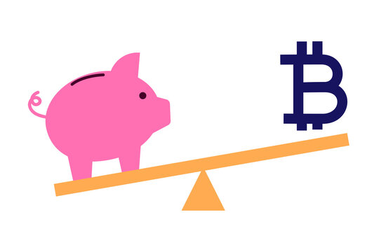 Piggy bank vs Bitcoin symbol on balance scale illustration representing comparison between traditional savings and cryptocurrency investment, financial balance, risk management, modern finance PNG