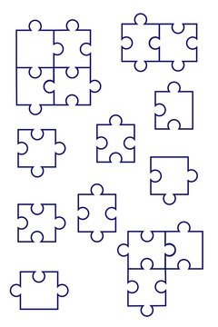 Navy blue puzzle piece outline icon set with clean linework. Jigsaw pieces in varied shapes on transparent background. Ideal for teamwork, problem solving, business, education, collaboration. PNG