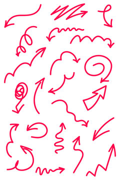 Red, pink hand-drawn arrow doodle icon set. Sketchy directional arrows, curved lines, and wavy mark. High-res vector-style illustration. For creative design, annotations, signage, infographics, UI.