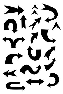 Black chunky arrow icon set featuring bold directional arrows pointing up, down, left, right, curved, diagonal. Vector navigation symbols for UI design, signage, infographics, graphic elements. PNG