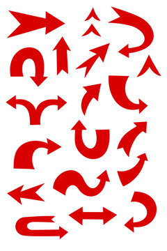 Red chunky arrow icon set featuring bold directional arrows pointing up, down, left, right, curved, diagonal. Vector navigation symbols for UI design, signage, infographics, graphic elements. PNG
