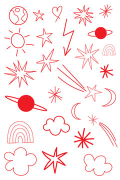 Red celestial doodle icon set. Hand-drawn stars, moon, sun, planets, rainbow, cloud, heart, and lightning bolt on transparent background for scrapbooking, journaling, social media, creative design PNG