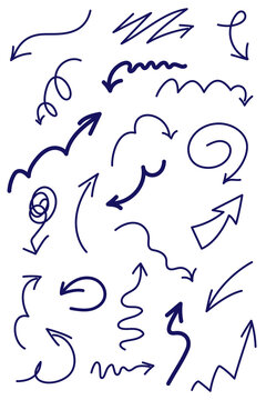 Navy blue hand-drawn arrow doodle icon set. Sketchy directional arrows, curved lines, and wavy mark. High-res vector-style illustration. For creative design, annotations, signage, infographics, UI.