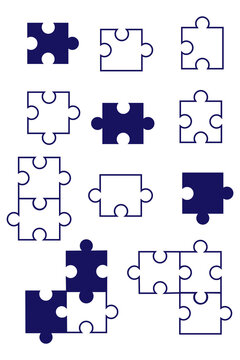 Puzzle piece icon set with outline linework and navy-filled elements. Jigsaw pieces in varied sizes on transparent background. Perfect for teamwork, problem solving, business, collaboration concepts