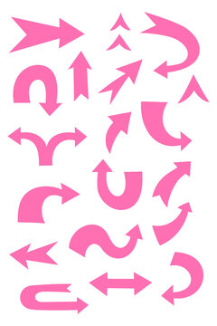 Pink chunky arrow icon set PNG featuring up, down, left, right, curved, diagonal directional arrows. For notes, infographics, presentations, UI, navigation and creative projects. High resolution PNG