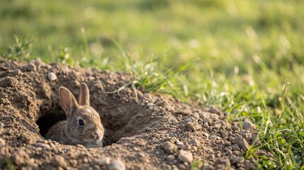 Fototapeta premium Wild Rabbit Peeking Out Of Burrow In Green Grassy Field