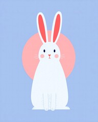 Obraz premium Modern illustration of a white Easter bunny with long ears, pink cheeks, and a round pink background, suitable for holiday-themed designs and decorations