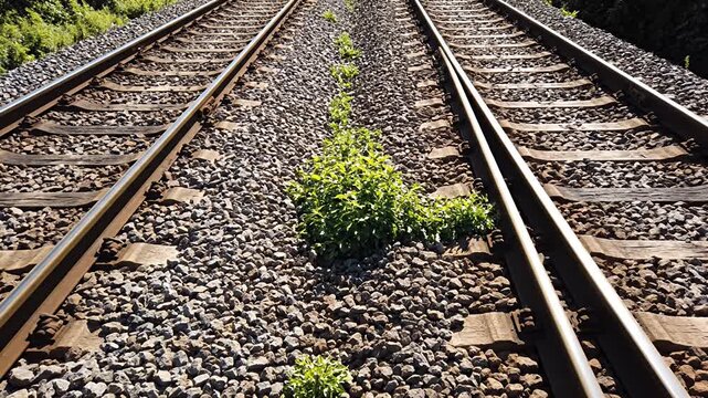 Parallel metal rails ascend over ballast stones with small green plants growing between tracks