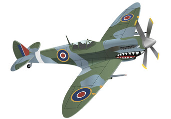 World War II Era Military Fighter Plane Illustration - Vintage Camouflage Propeller Aircraft with Shark Mouth Nose Art