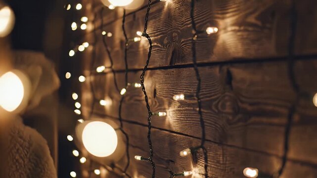 Cozy Warm Nighttime String Lights Casting Gentle Glows Along Wooden Wall