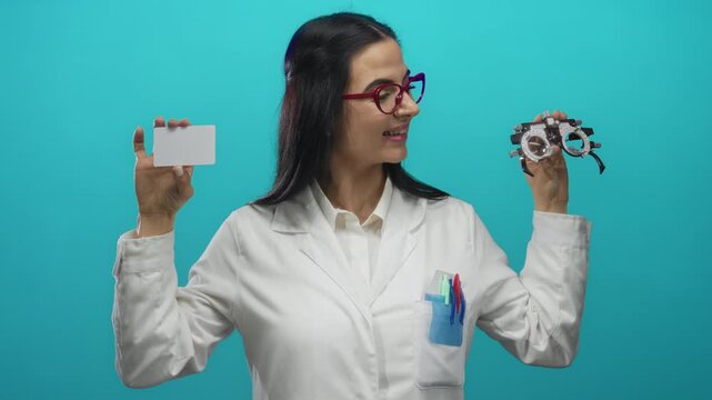 Optician woman in white uniform holding credit card and glasses against blue background wall.