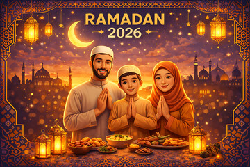 Ramadan Mubarak 2026: An illustration showcases a loving family celebrating Ramadan with traditional festive elements and a heartwarming atmosphere.