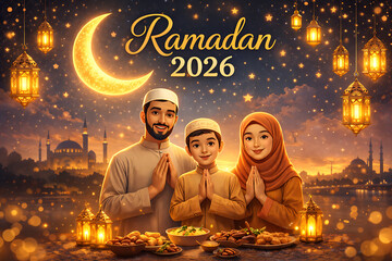 Ramadan Gathering: A warmly lit scene shows a Muslim family, with mosque silhouettes and crescent moon, celebrates the holy month of Ramadan.