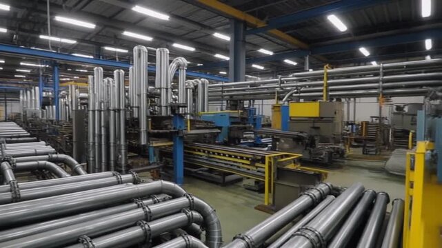Industrial factory interior with metal pipes and machinery manufacturing