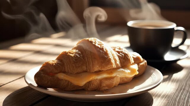 Hot croissant sandwich steaming with cheese for savory bakery snack with morning coffee atmosphere