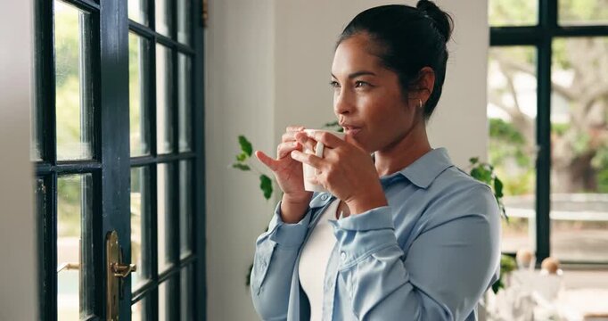 Smile, woman and thinking with coffee at glass door to start day, check weather and reflection. Calm, person and thoughtful with hot beverage in home for peaceful morning, daydreaming or happy memory