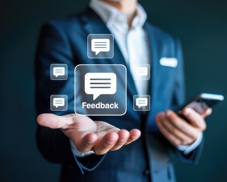 Businessman giving feedback on mobile device with digital speech bubbles