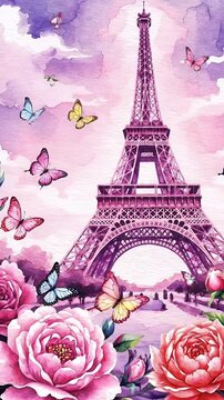 Dreamy watercolor depiction of the Eiffel Tower surrounded by blooming flowers and pastel skies