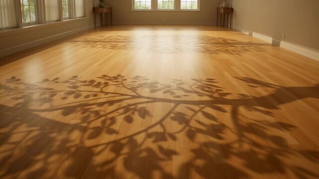 Sunlight streaming through windows casting leaf shadows on empty wooden floor - 4K Video