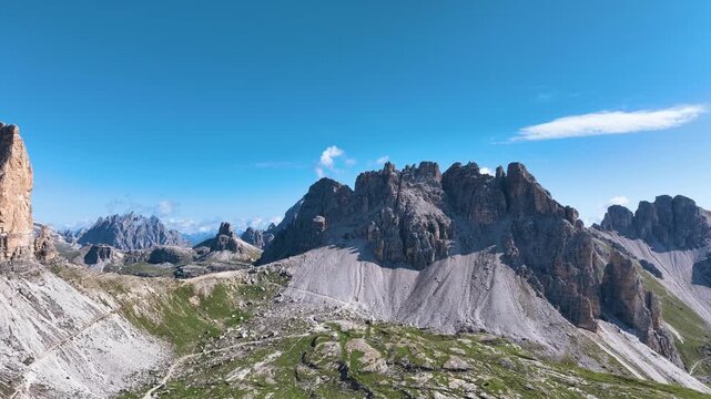 A scenic view of the Dolomites mountain range in Italy.