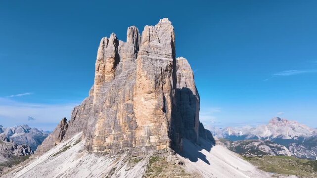A scenic view of the Dolomites mountain range in Italy.