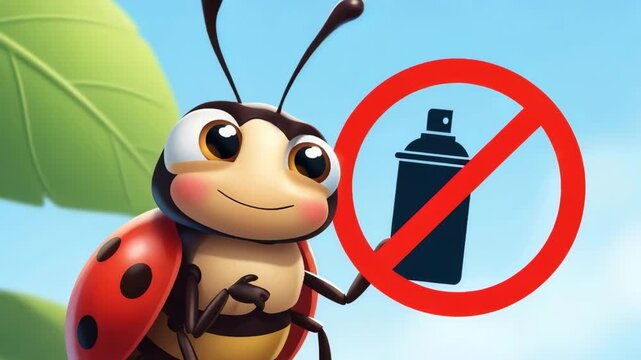 Cartoon ladybug with a smile and a red prohibition sign over a spray can, emphasizing eco friendly insect control and pest protection.