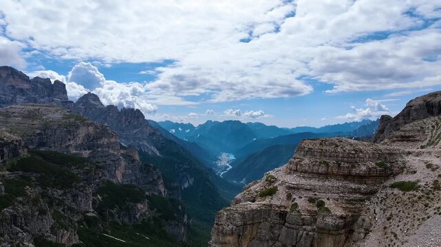 A scenic view of the Dolomites mountain range in Italy.