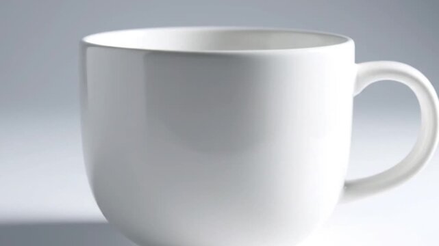 A plain white ceramic mug with a C-shaped handle stands on a light surface against a soft grey background with gentle shadows