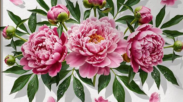 Framed bouquet featuring pink peonies with vibrant green leaves and stems