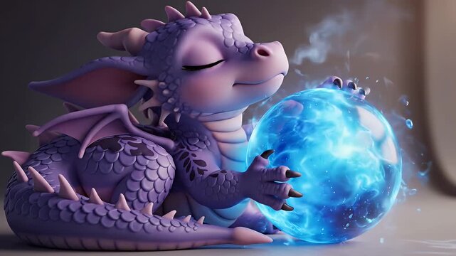 Gentle Purple Dragon Hatchling Cradles a Glowing Blue Orb of Magical Energy