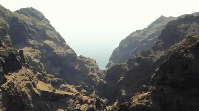 Aerial view of Masca Valley toward the ocean, Tenerife, Spain