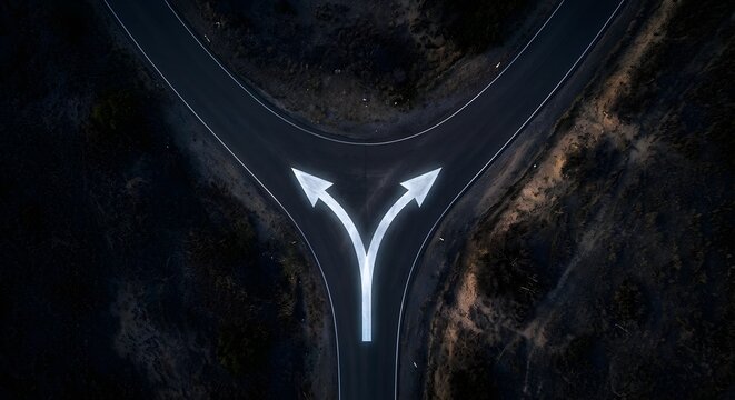 Cinematic aerial view of a road splitting into two lanes, with a bold arrow following the path and dividing at the fork into two arrows, smoothly aligned with each lane. Dark minimal surroundings.