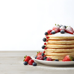 Realistic pancakes topped with fresh berries and powdered sugar