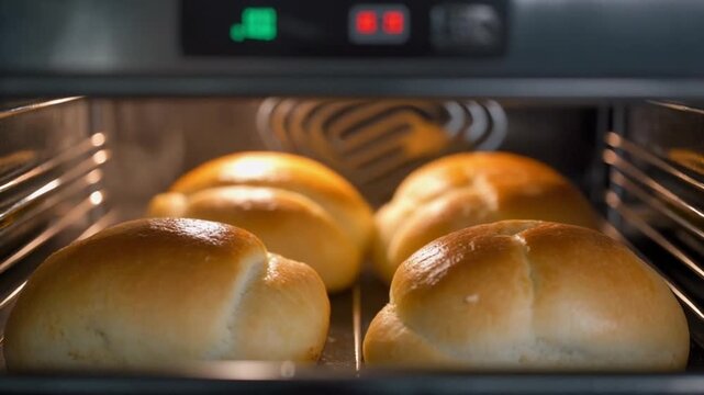 Freshly baked bread buns in commercial oven with glowing controls