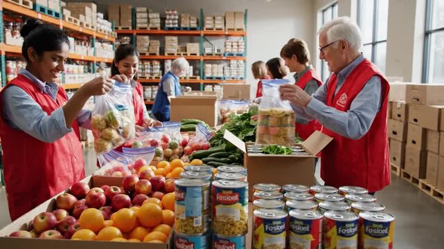dedicated volunteers work together at a community food bank to prepare healthy food items for families in need on a weekday afternoon. Their efforts support the local community