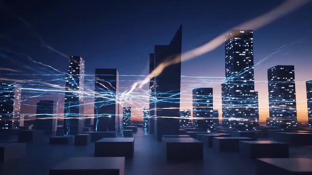 Smart City Data Streams Connecting Abstract Buildings and Illuminating Skyscrapers Across a Futuristic Urban Landscape at Twilight