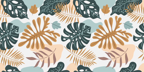 Seamless pattern with botanical leaves tropical vibes, monstera and palm for textile design and summer apparel