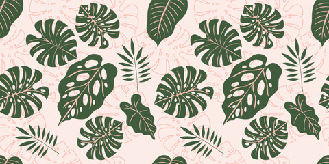 Seamless pattern with botanical leaves tropical vibes, monstera and palm for textile design and summer apparel
