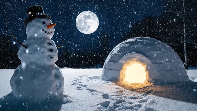 Snowman beside a lit igloo on a snowy night with a full moon