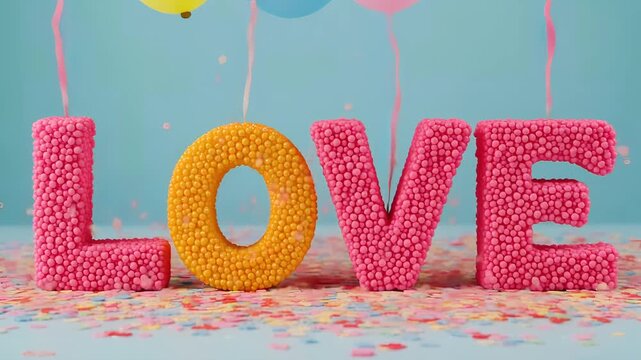 Love letters in pink and yellow confetti with balloons in pastel colors for valentines day greeting