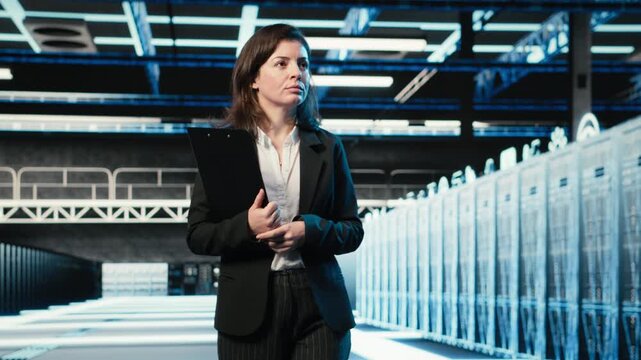 Inspecting hardware, blue wireframe mesh rackmounts and manager in data center. Looking at AR data streams, digital twin simulation and system administrator walking through server hub rows, camera B