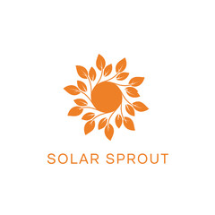 Fototapeta premium Orange sun surrounded by growing leaves for renewable solar energy and organic agriculture logo branding identity design for SOLAR SPROUT