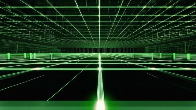 Cybernetic Matrix: A vibrant digital grid stretches into the distance, with luminous lines intersecting in a display of futuristic technology and intricate data visualization.
