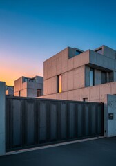 Monolithic brutalist residential architecture defining the estate boundary, secured by a long, heavy anthracite metal sliding gate fence system, housing, texture, metal