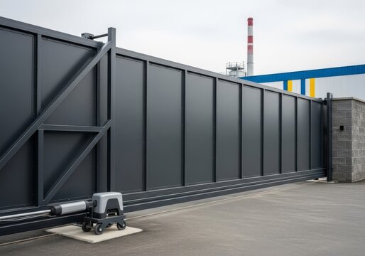 Large anthracite sliding gate protecting a modern industrial complex, emphasizing steel construction and raw, durable design aesthetic, contemporary, logistics, perimeter