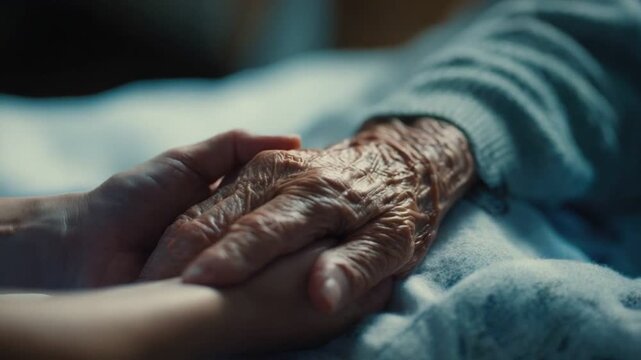 Tender Touch of Care: A poignant close-up of a young person's hand tenderly holding an elderly person's wrinkled hand, symbolizing comfort, compassion, and the enduring bond of caregiving.