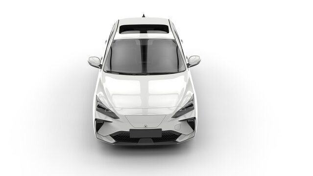 Modern elegant electric car in clean white color - top down front view